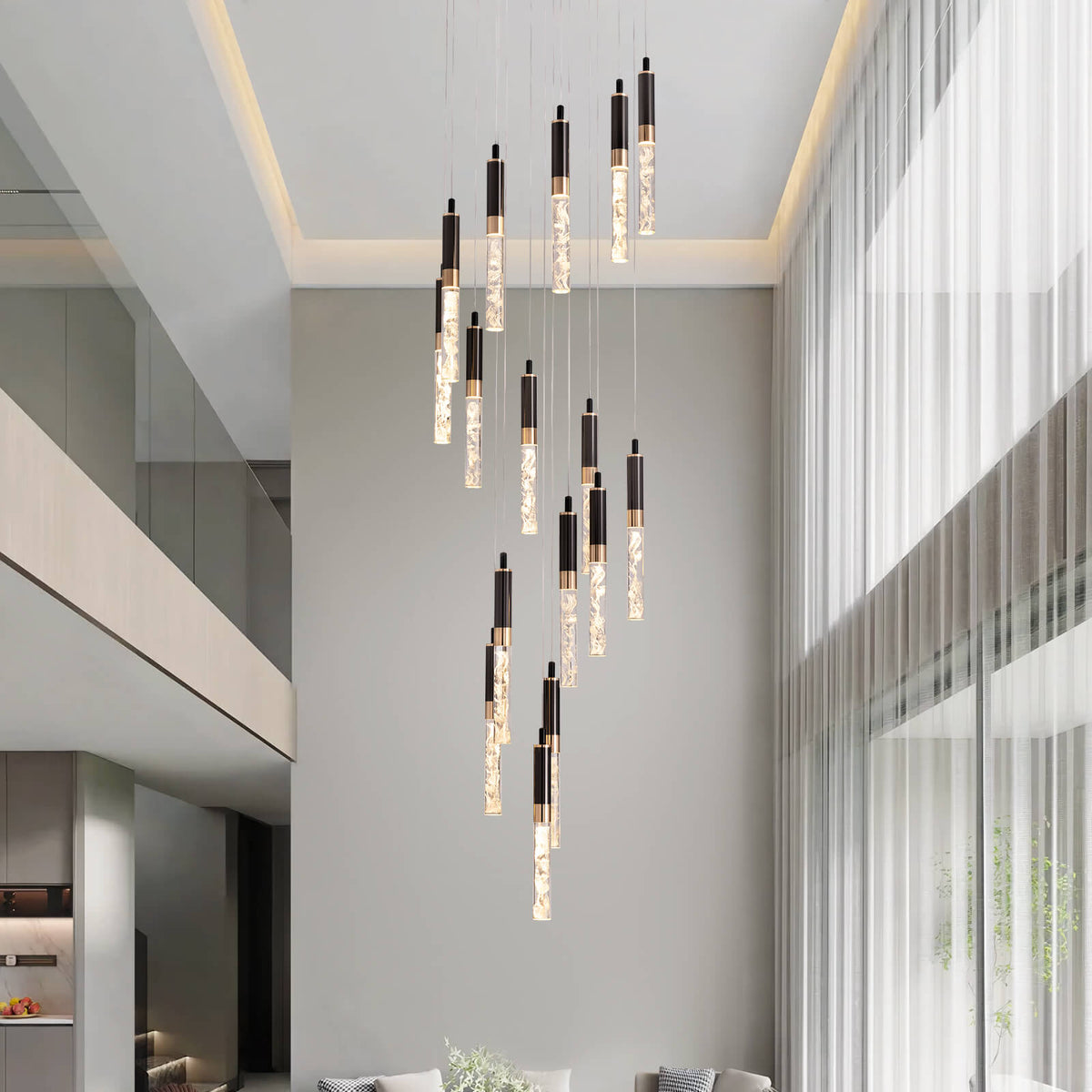 LED Crystal Spiral Drop Light for Two-Story Foyer & Staircase - Adjustable 118 in Height, Black Finish, Remote Control, Multi-Tier Waterfall