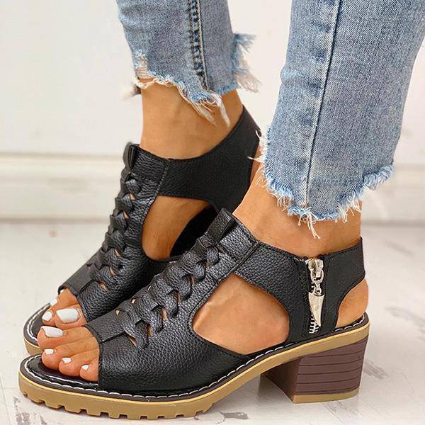 Women's Open-Toe Block-Heel Sandals with Side Zipper & Cutout Design – Dress Casual Heels for Summer Events
