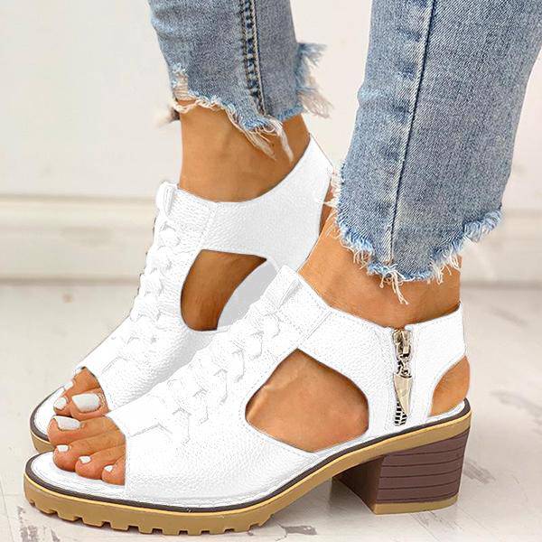 Women's Open-Toe Block-Heel Sandals with Side Zipper & Cutout Design – Dress Casual Heels for Summer Events