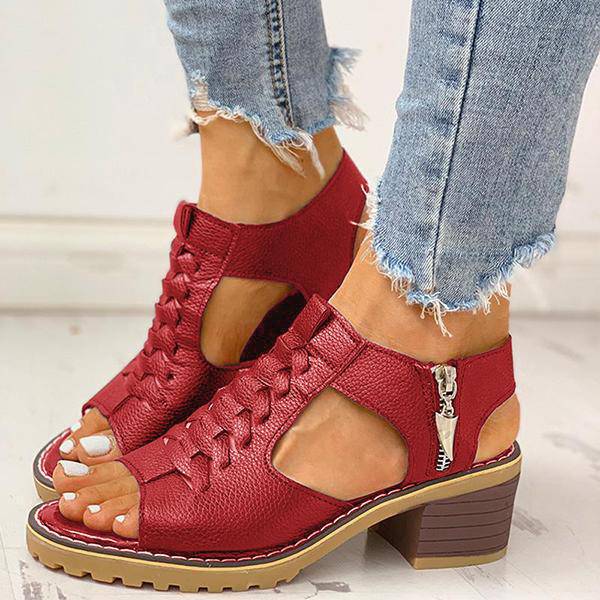 Women's Open-Toe Block-Heel Sandals with Side Zipper & Cutout Design – Dress Casual Heels for Summer Events