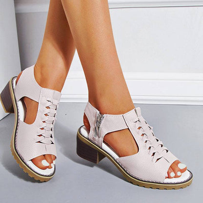Women's Open-Toe Block-Heel Sandals with Side Zipper & Cutout Design – Dress Casual Heels for Summer Events