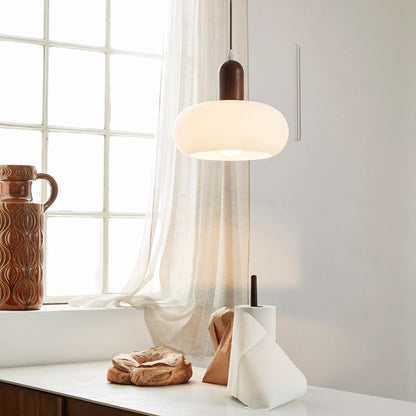 Pendant Light Ceiling Fixture with Cream Shade and Wood Accent for Dining Room, Kitchen Island, Bar Area & Living Space