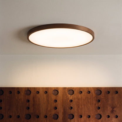 Wooden Flush Mount Ceiling Light Fixture – Natural Dark Grain Round LED Ceiling Lamp for Living Room Dining Room – Scandinavian Nordic