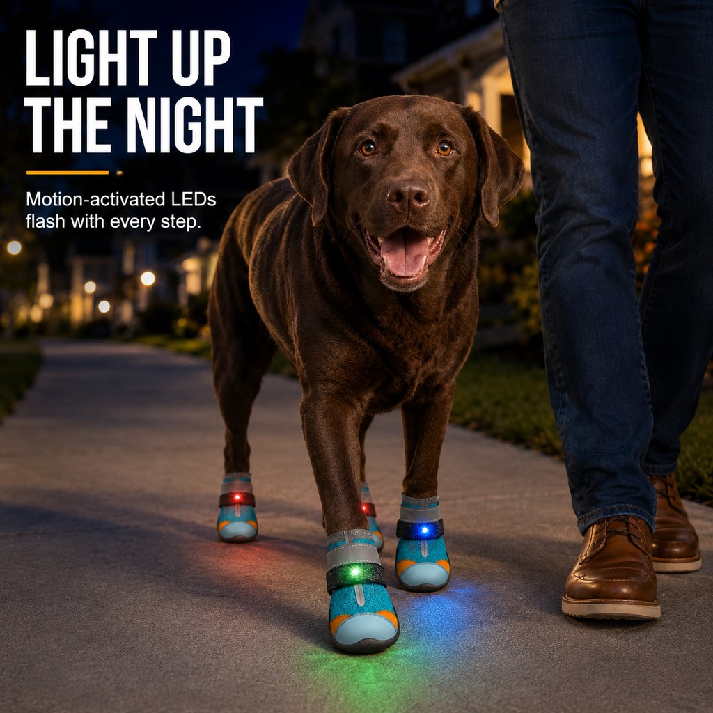 Ortekor Motion-Activated LED Dog Boots for Night Walks – Flashing Paw Shoes for Better Visibility & Traction