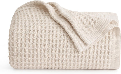 Cotton Throw Blanket for Bed, Waffle Weave Queen Size Blanket for All Seasons, Soft Breathable Cotton Blanket for Couch