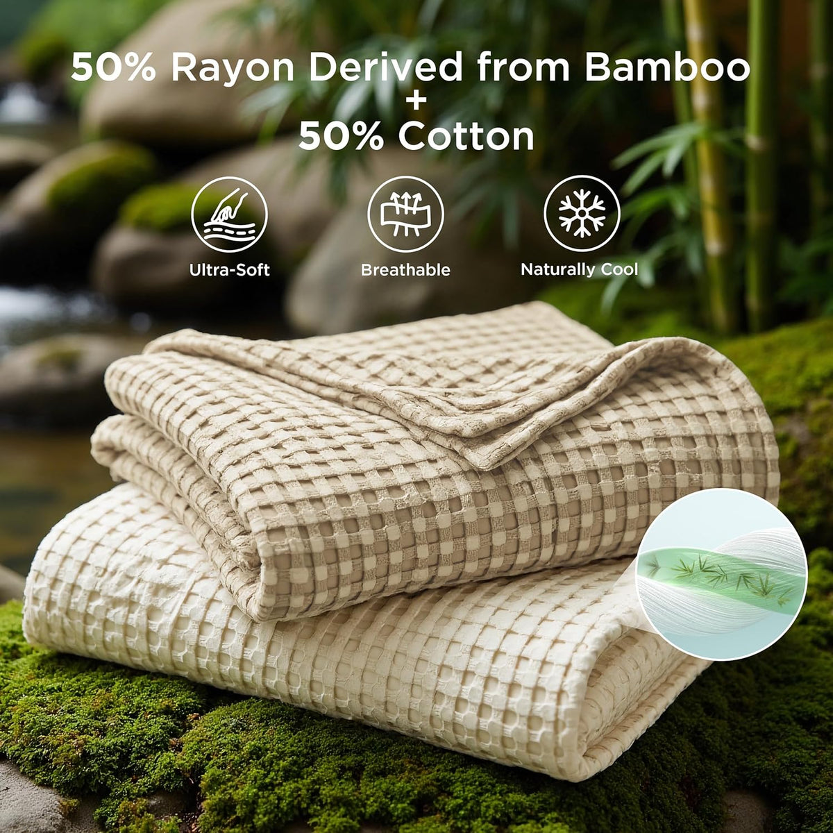 Cozy Haven | Cooling Waffle Queen Blanket with Lightweight Cotton & Bamboo | Soft Summer Throw for Hot Sleepers