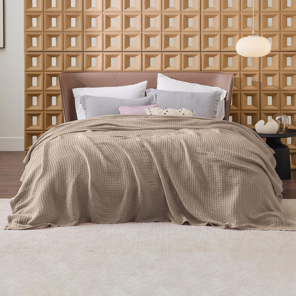 Cotton Throw Blanket for Bed, Waffle Weave Queen Size Blanket for All Seasons, Soft Breathable Cotton Blanket for Couch