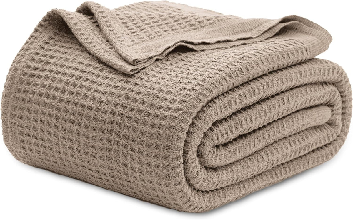 100% Cotton Waffle Weave Throw Blanket Queen King Breathable Lightweight Bed Cover for All Seasons Couch Sofa Bedroom Layering Textured