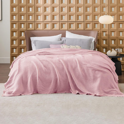 Cotton Throw Blanket for Bed, Waffle Weave Queen Size Blanket for All Seasons, Soft Breathable Cotton Blanket for Couch