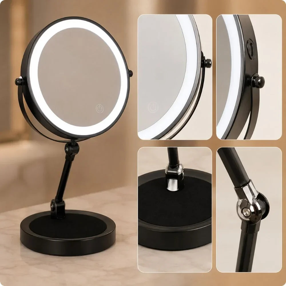 Dual-Sided Vanity Mirror 10x Magnification LED Rechargeable Touch Control Tabletop Cosmetic Mirror 360° Rotating Desktop for Makeup
