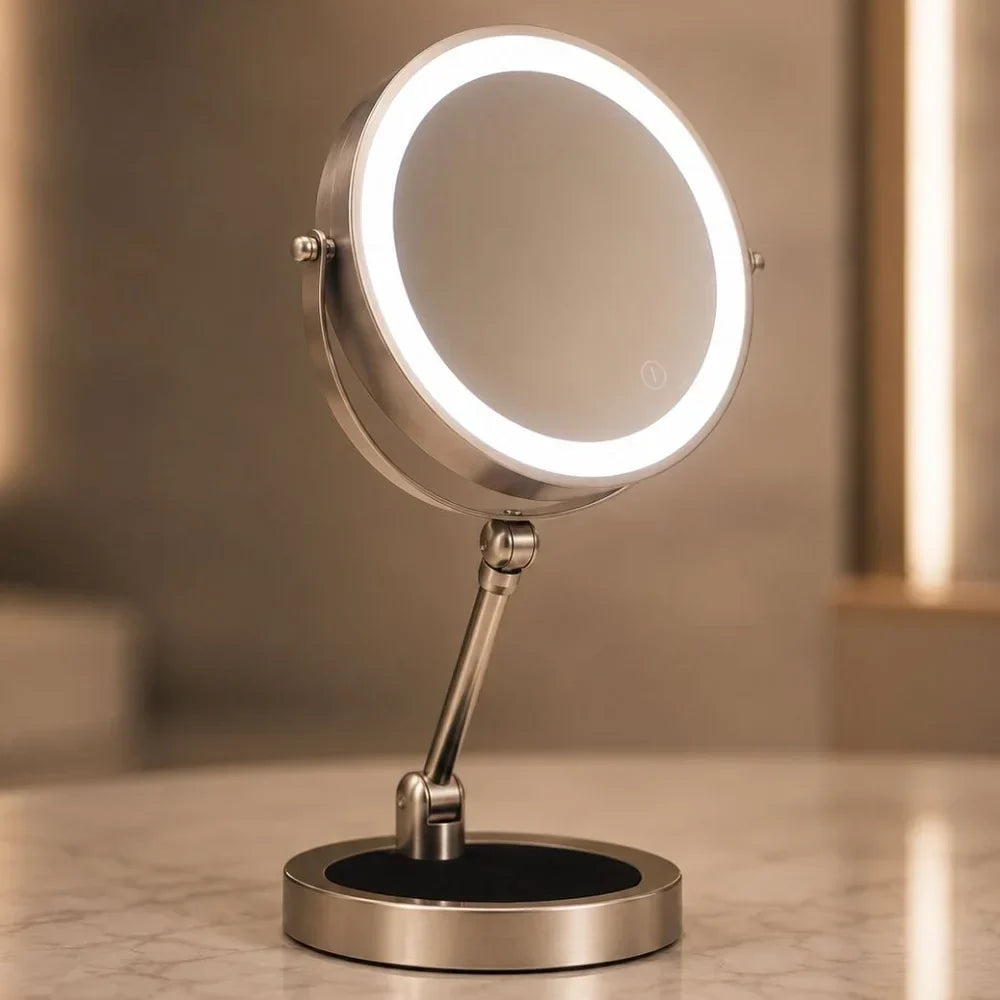 Dual-Sided Vanity Mirror 10x Magnification LED Rechargeable Touch Control Tabletop Cosmetic Mirror 360° Rotating Desktop for Makeup