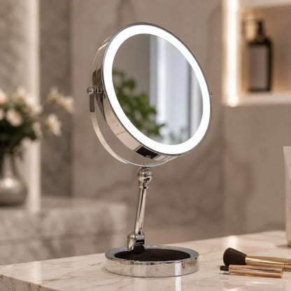 Dual-Sided Vanity Mirror 10x Magnification LED Rechargeable Touch Control Tabletop Cosmetic Mirror 360° Rotating Desktop for Makeup