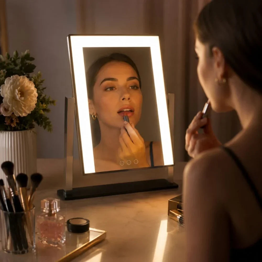 Touch-Controlled Tabletop Makeup Mirror with Three Light Modes and Detachable 15x Magnification for Precise Beauty Application