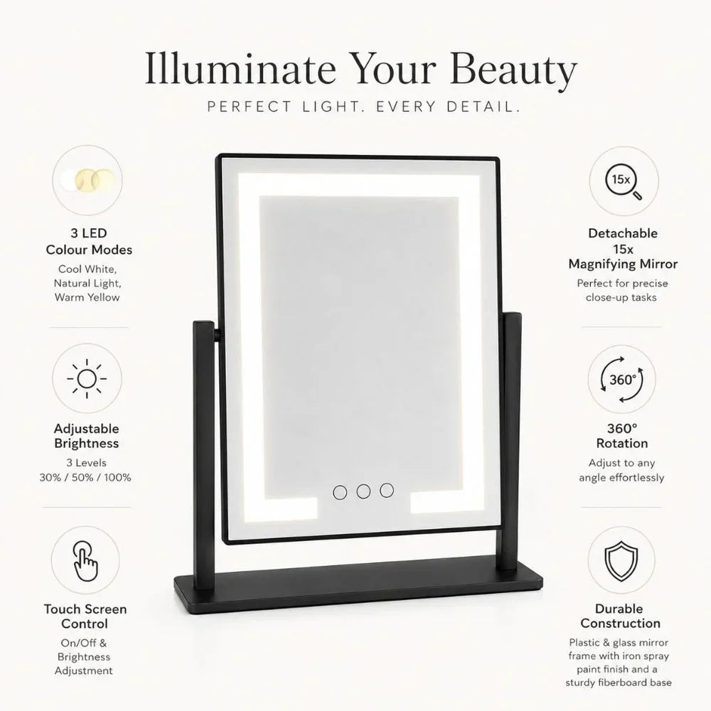Touch-Controlled Tabletop Makeup Mirror with Three Light Modes and Detachable 15x Magnification for Precise Beauty Application