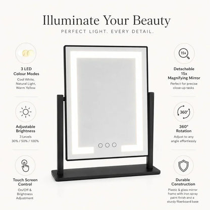 Touch-Controlled Tabletop Makeup Mirror with Three Light Modes and Detachable 15x Magnification for Precise Beauty Application