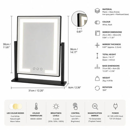 Touch-Controlled Tabletop Makeup Mirror with Three Light Modes and Detachable 15x Magnification for Precise Beauty Application