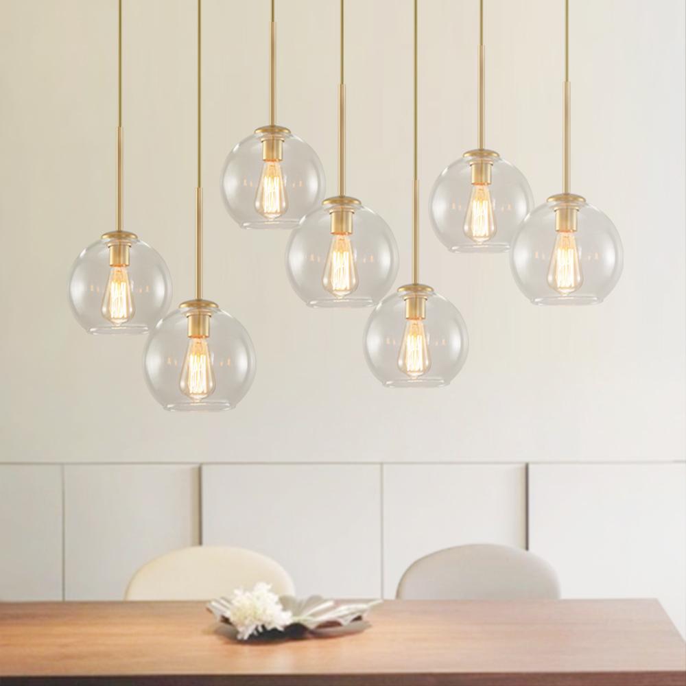 Seven-Globe Hanging Light with Adjustable Height Cords for Kitchen Island & Dining Table, Clear Glass Spheres, 35-Inch Canopy, E26 Base, Dim