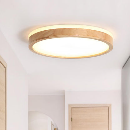 Dimmable Hardwired Ceiling Light Fixture Wood Rim Acrylic Shade 5-Color Temperature Adjustable LED Module for Kitchen Bedroom Living Room