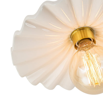 Textured Ceramic Semi-Flush Mount Light 12 Inch Cream with Brass Accent for Low Ceilings Bedroom Hallway Bathroom Dimmable E26 Socket Retro