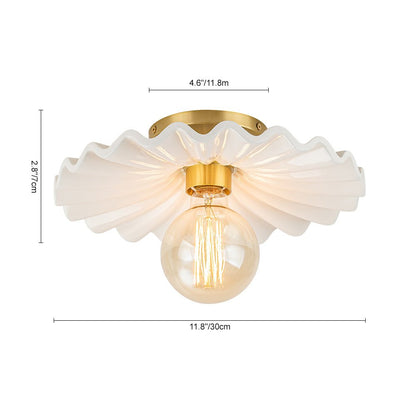 Textured Ceramic Semi-Flush Mount Light 12 Inch Cream with Brass Accent for Low Ceilings Bedroom Hallway Bathroom Dimmable E26 Socket Retro
