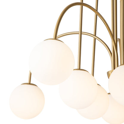 Ten-Globe Adjustable Chandelier 38.6 in Wide Frosted Glass Spheres Black Brass Chrome Modern Dining Room Foyer Statement Lighting Mid-Centur