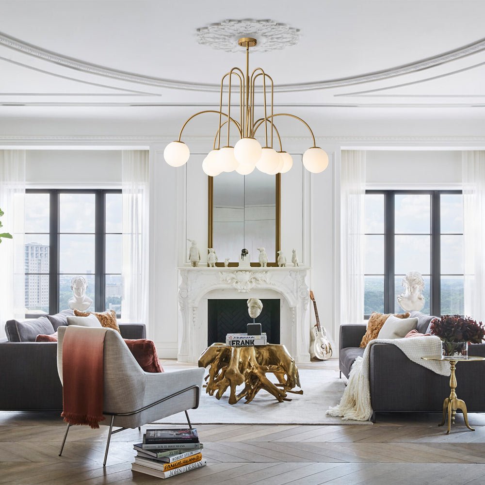 Ten-Globe Adjustable Chandelier 38.6 in Wide Frosted Glass Spheres Black Brass Chrome Modern Dining Room Foyer Statement Lighting Mid-Centur