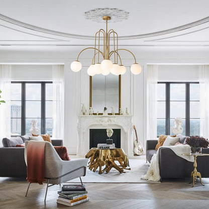 Ten-Globe Adjustable Chandelier 38.6 in Wide Frosted Glass Spheres Black Brass Chrome Modern Dining Room Foyer Statement Lighting Mid-Centur
