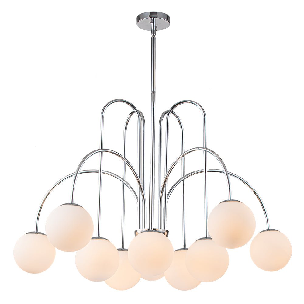 Ten-Globe Adjustable Chandelier 38.6 in Wide Frosted Glass Spheres Black Brass Chrome Modern Dining Room Foyer Statement Lighting Mid-Centur