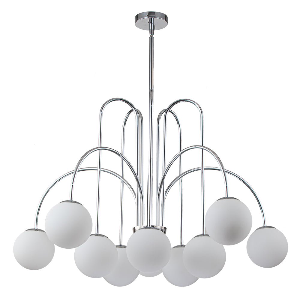 Ten-Globe Adjustable Chandelier 38.6 in Wide Frosted Glass Spheres Black Brass Chrome Modern Dining Room Foyer Statement Lighting Mid-Centur