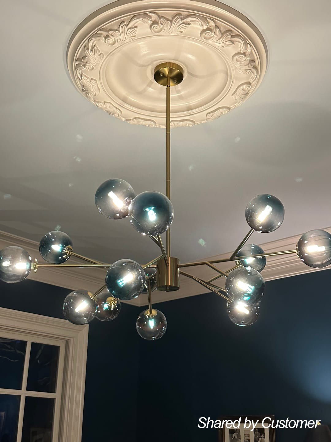 Mid-Century Modern Chandelier with 15 Blue Glass Orbs on Branching Arms for Dining Room & Living Room