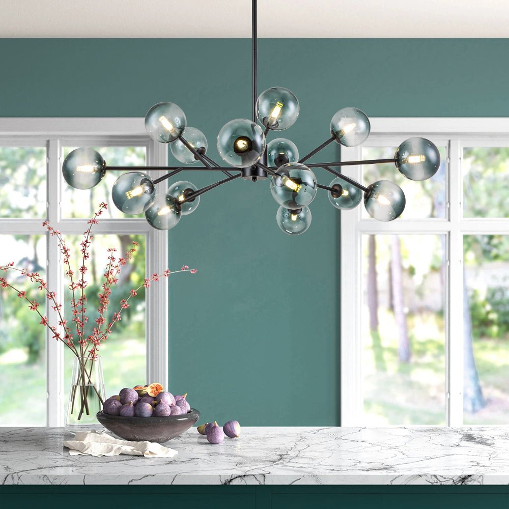 Mid-Century Modern Chandelier with 15 Blue Glass Orbs on Branching Arms for Dining Room & Living Room