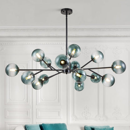 Mid-Century Modern Chandelier with 15 Blue Glass Orbs on Branching Arms for Dining Room & Living Room