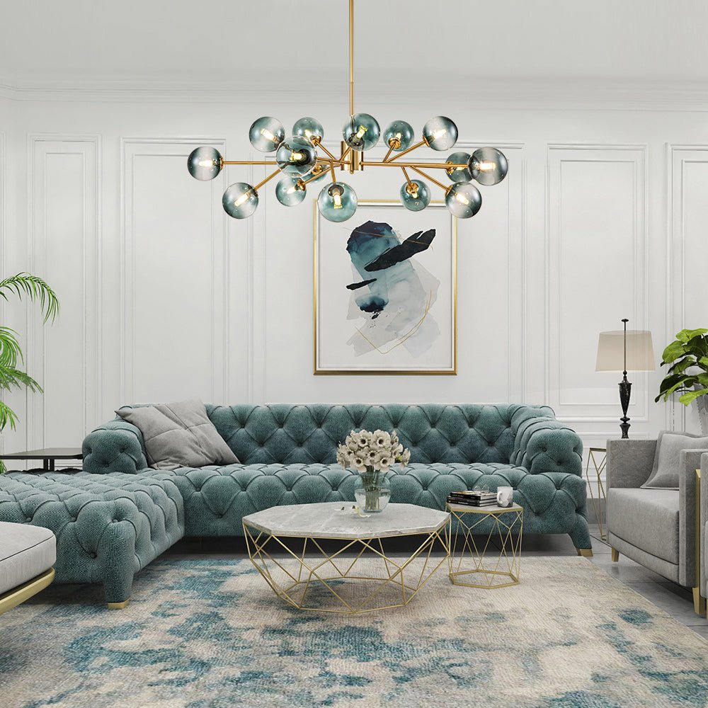 Mid-Century Modern Chandelier with 15 Blue Glass Orbs on Branching Arms for Dining Room & Living Room