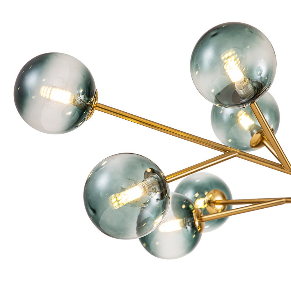 Mid-Century Modern Chandelier with 15 Blue Glass Orbs on Branching Arms for Dining Room & Living Room