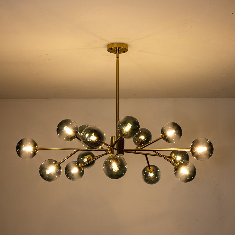Mid-Century Modern Chandelier with 15 Blue Glass Orbs on Branching Arms for Dining Room & Living Room