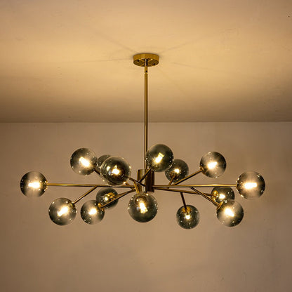 Mid-Century Modern Chandelier with 15 Blue Glass Orbs on Branching Arms for Dining Room & Living Room