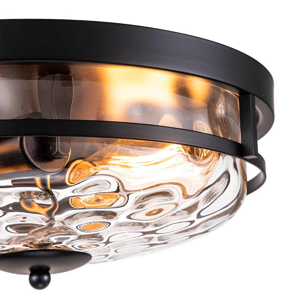 Textured Glass Flush Mount Fixture 13 in Round Two-Bulb Overhead Lighting for Bedrooms Entryways Low-Profile Farmhouse Style