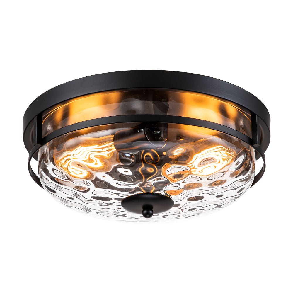 Textured Glass Flush Mount Fixture 13 in Round Two-Bulb Overhead Lighting for Bedrooms Entryways Low-Profile Farmhouse Style