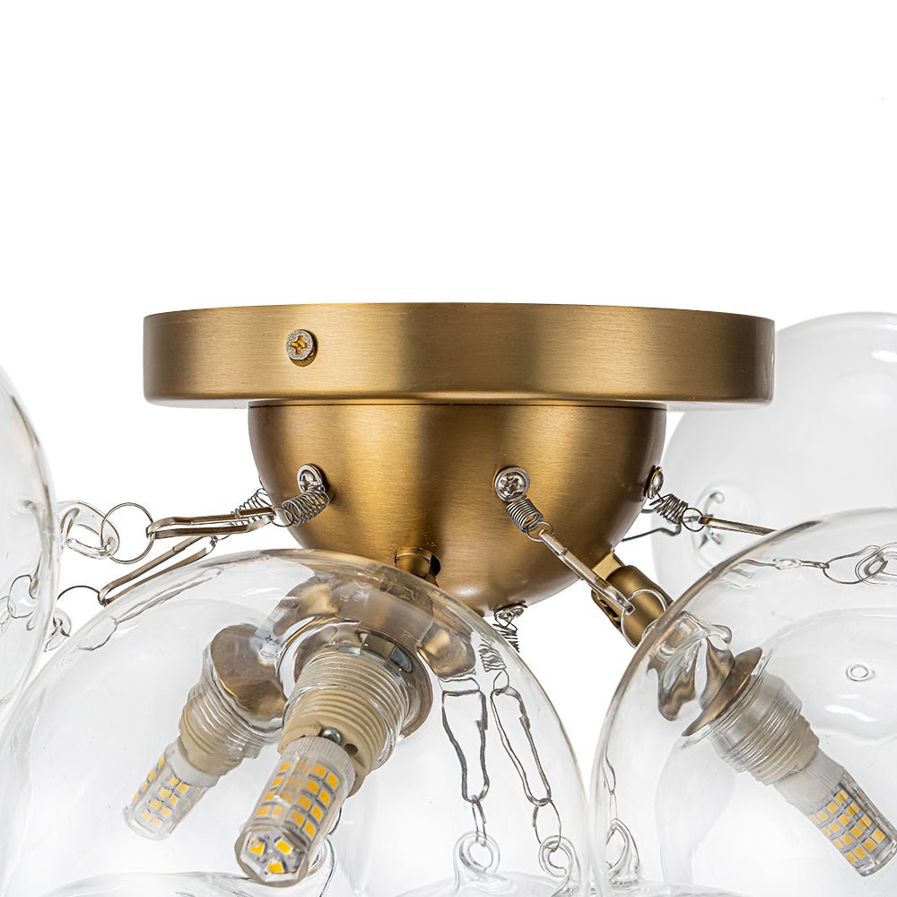 Clear Glass Globe Semi-Flush Ceiling Light, 3-Bulb Brushed Metal Cluster Fixture for Dining Room, Bedroom, Entryway, Bathroom