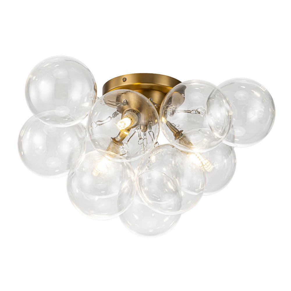 Clear Glass Globe Semi-Flush Ceiling Light, 3-Bulb Brushed Metal Cluster Fixture for Dining Room, Bedroom, Entryway, Bathroom