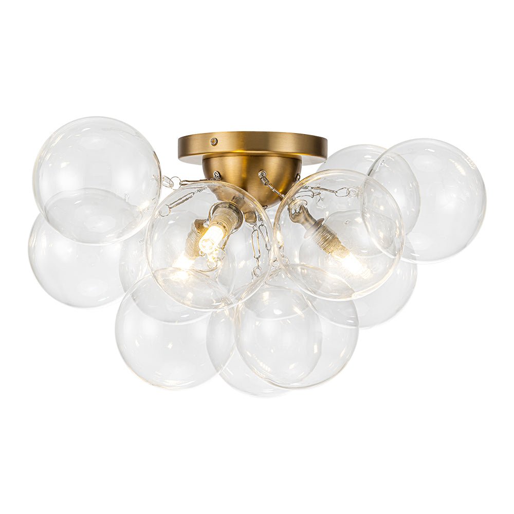 Clear Glass Globe Semi-Flush Ceiling Light, 3-Bulb Brushed Metal Cluster Fixture for Dining Room, Bedroom, Entryway, Bathroom