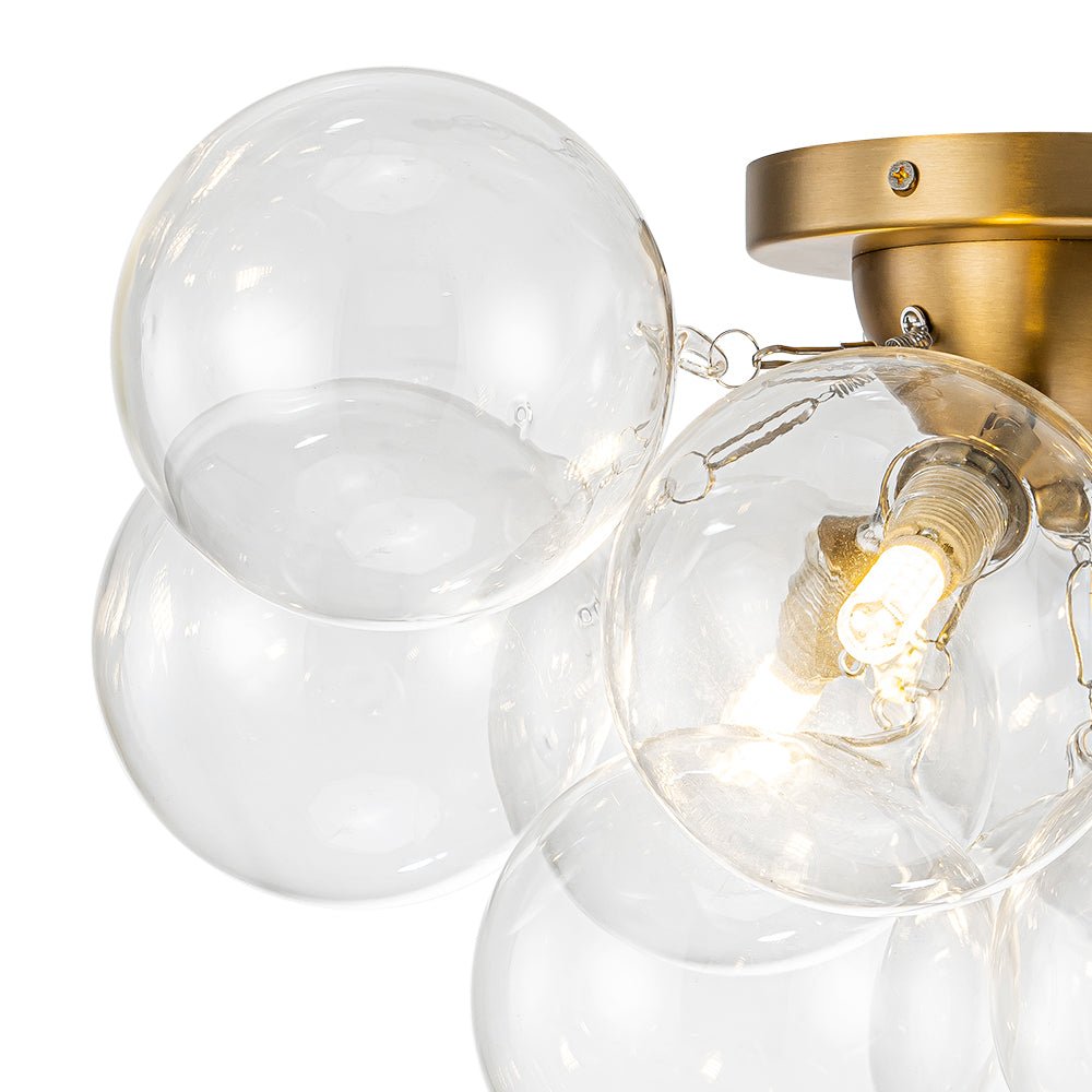 Clear Glass Globe Semi-Flush Ceiling Light, 3-Bulb Brushed Metal Cluster Fixture for Dining Room, Bedroom, Entryway, Bathroom