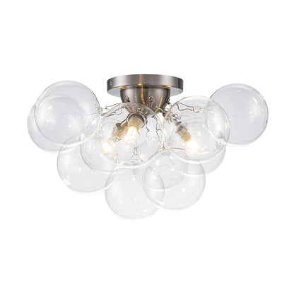 Clear Glass Globe Semi-Flush Ceiling Light, 3-Bulb Brushed Metal Cluster Fixture for Dining Room, Bedroom, Entryway, Bathroom