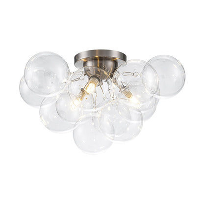Clear Glass Globe Semi-Flush Ceiling Light, 3-Bulb Brushed Metal Cluster Fixture for Dining Room, Bedroom, Entryway, Bathroom