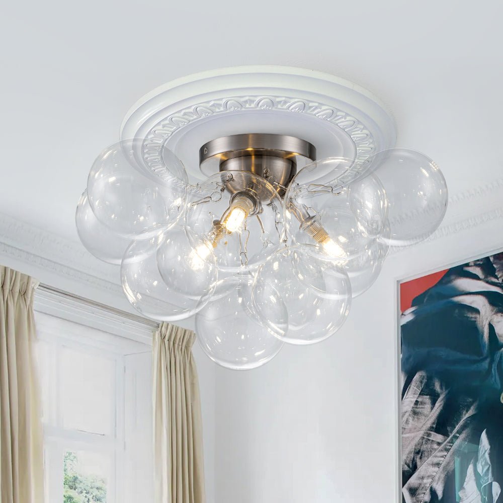 Clear Glass Globe Semi-Flush Ceiling Light, 3-Bulb Brushed Metal Cluster Fixture for Dining Room, Bedroom, Entryway, Bathroom
