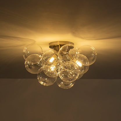 Clear Glass Globe Semi-Flush Ceiling Light, 3-Bulb Brushed Metal Cluster Fixture for Dining Room, Bedroom, Entryway, Bathroom