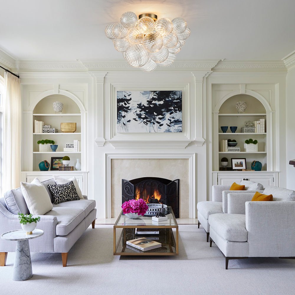 Three-Globe Ceiling Mount Fixture with Textured Glass Shades in Warm Metal Finish for Entry, Dining Room & Living Room