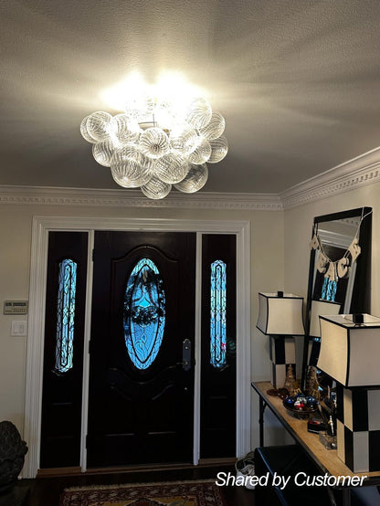 Three-Globe Ceiling Mount Fixture with Textured Glass Shades in Warm Metal Finish for Entry, Dining Room & Living Room