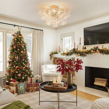 Three-Globe Ceiling Mount Fixture with Textured Glass Shades in Warm Metal Finish for Entry, Dining Room & Living Room