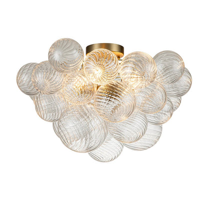 Three-Globe Ceiling Mount Fixture with Textured Glass Shades in Warm Metal Finish for Entry, Dining Room & Living Room